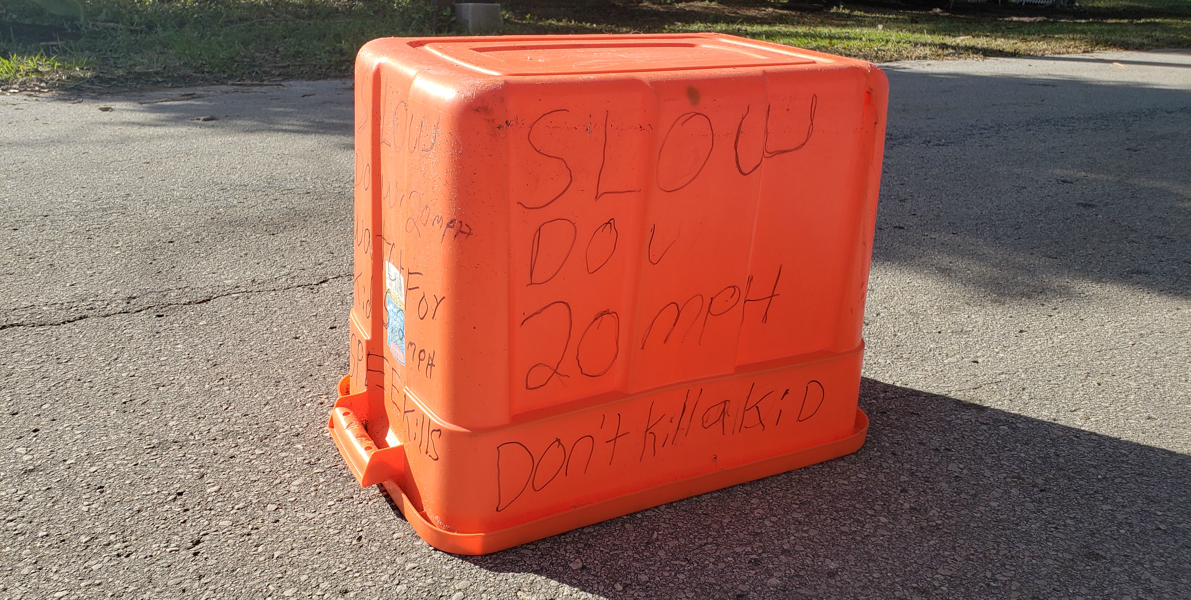 Homemade traffic control device on Sun Glo Avenue