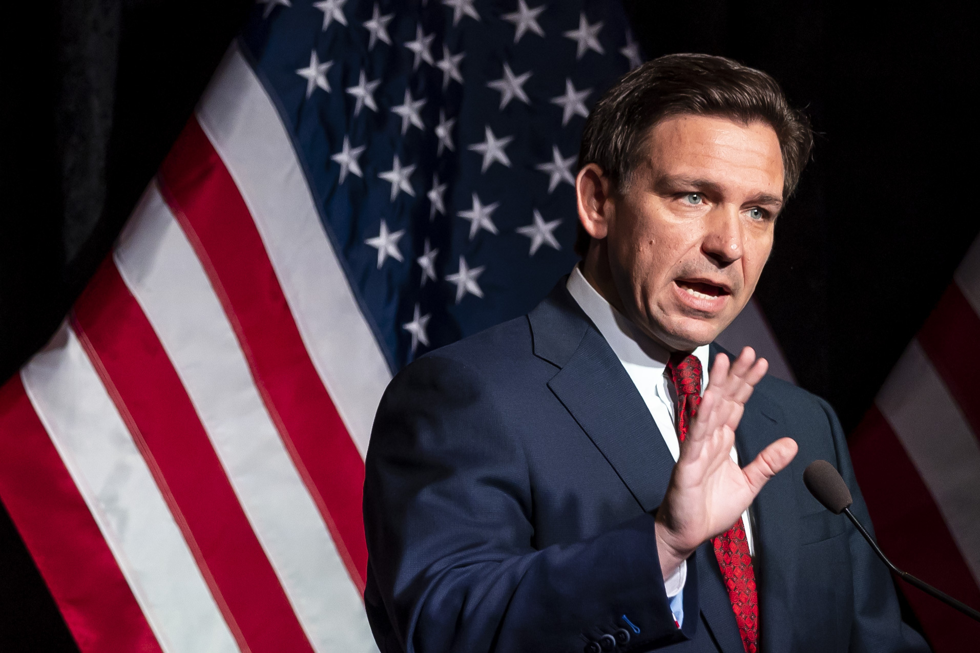 Florida Governor Ron DeSantis speaks at a Midland County Republican Party breakfast in Midland, Mich., on Thursday, April 6, 2023. DeSantis visited the central Michigan community for a county GOP event Thursday before heading to speak at Hillsdale College. (Kaytie Boomer/The Bay City Times via AP)