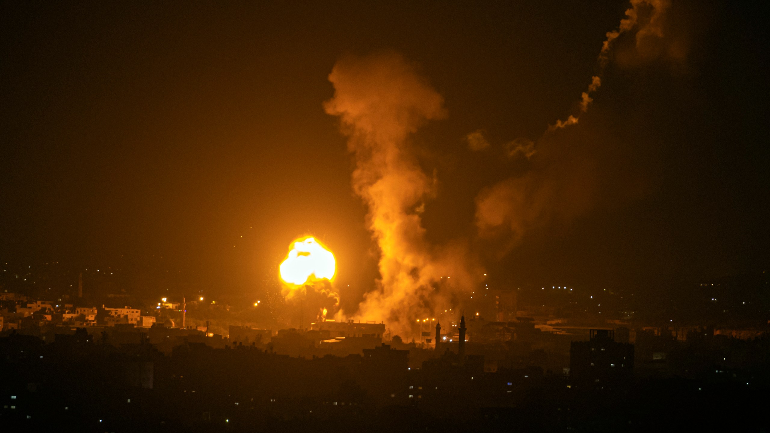 Fire and smoke rise following an Israeli airstrike in northern Gaza Strip, late Tuesday, May 2, 2023. The Israeli military said it had started airstrikes on Gaza targets, in response to earlier rocket salvos from the coastal strip, run by the militant Hamas group. (AP Photo/Fatima Shbair)