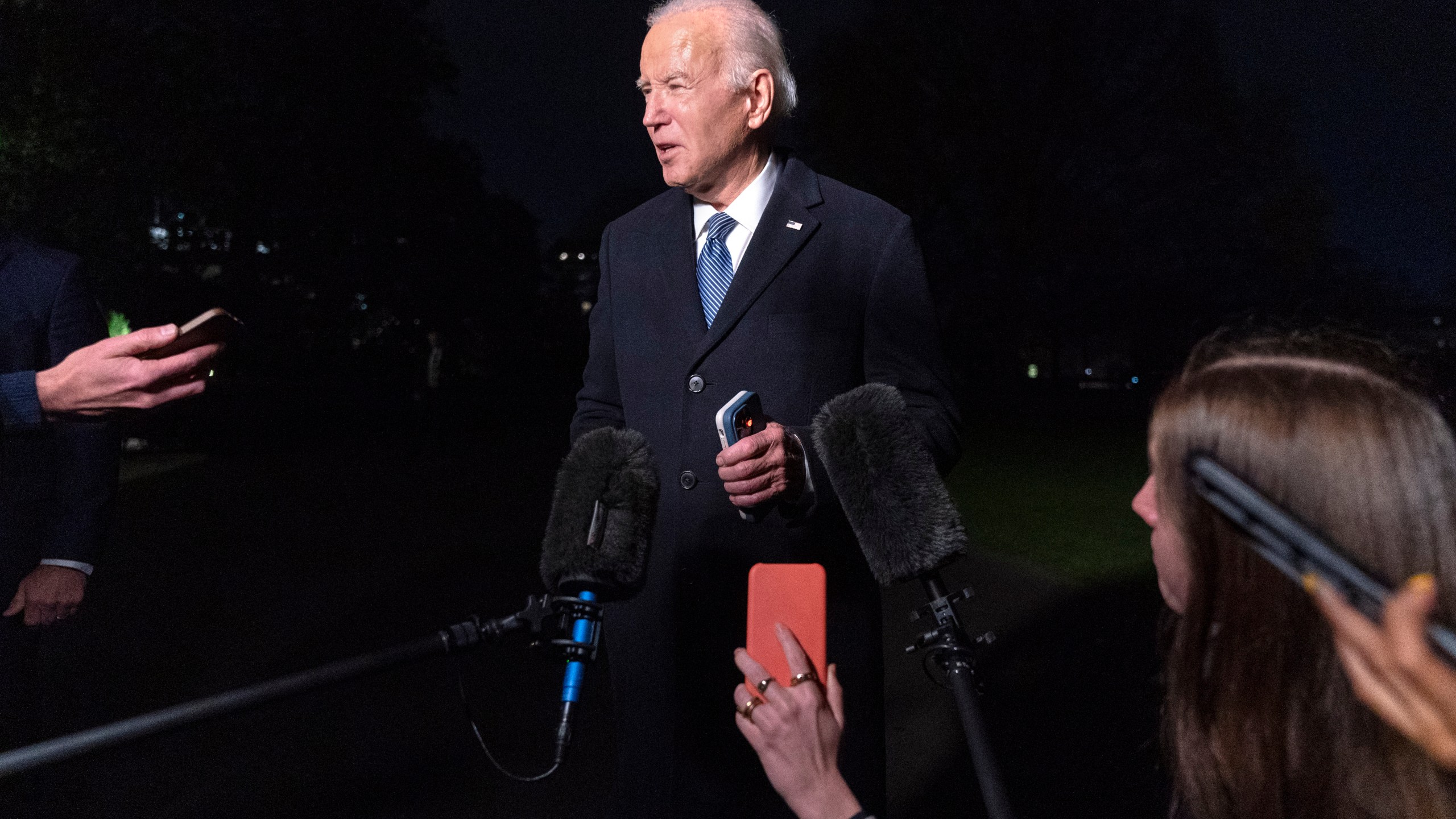 President Joe Biden speaks to the media on the South Lawn of the White House, Tuesday, Dec. 5, 2023, in Washington, as he returns from Boston. (AP Photo/Jacquelyn Martin)