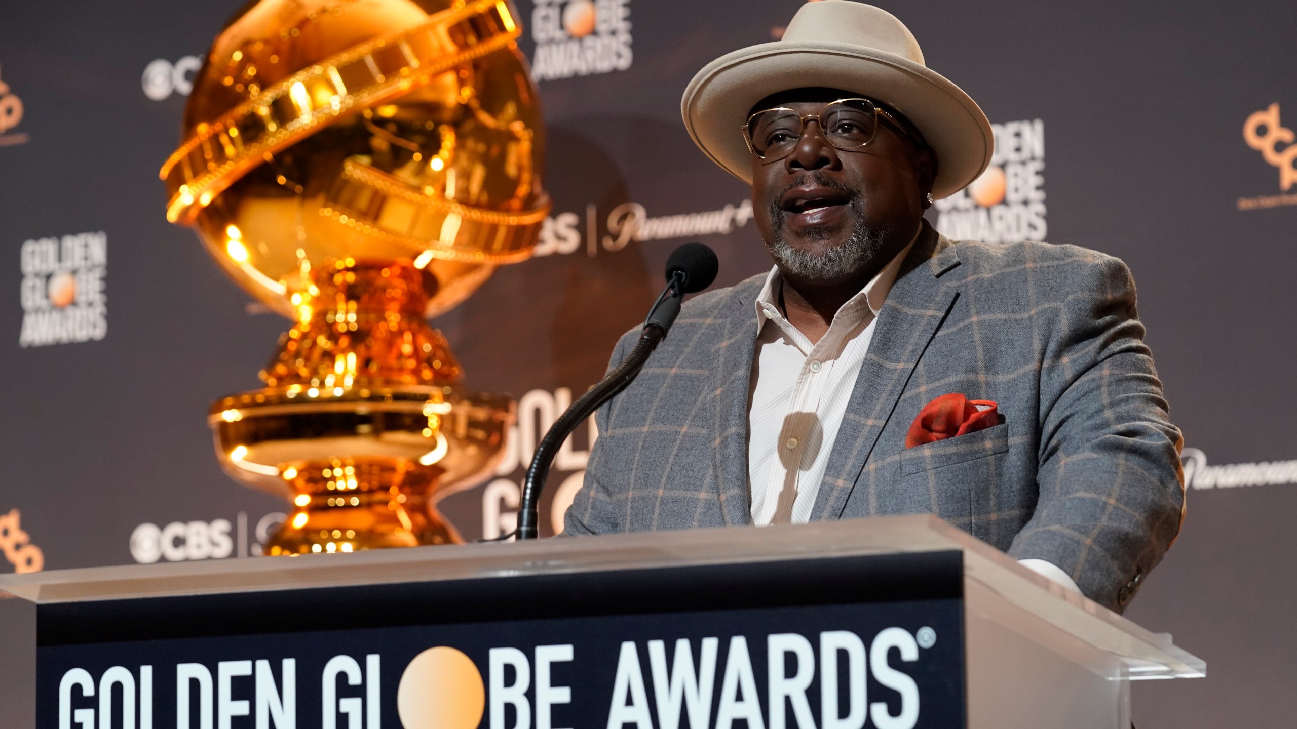 Cedric the Entertainer speaks during the nominations for the 81st Golden Globe Awards at the Beverly Hilton Hotel on Monday, Dec. 11, 2023, in Beverly Hills, Calif. The 81st Golden Globe Awards will be held on Sunday, Jan. 7, 2024. (AP Photo/Chris Pizzello)