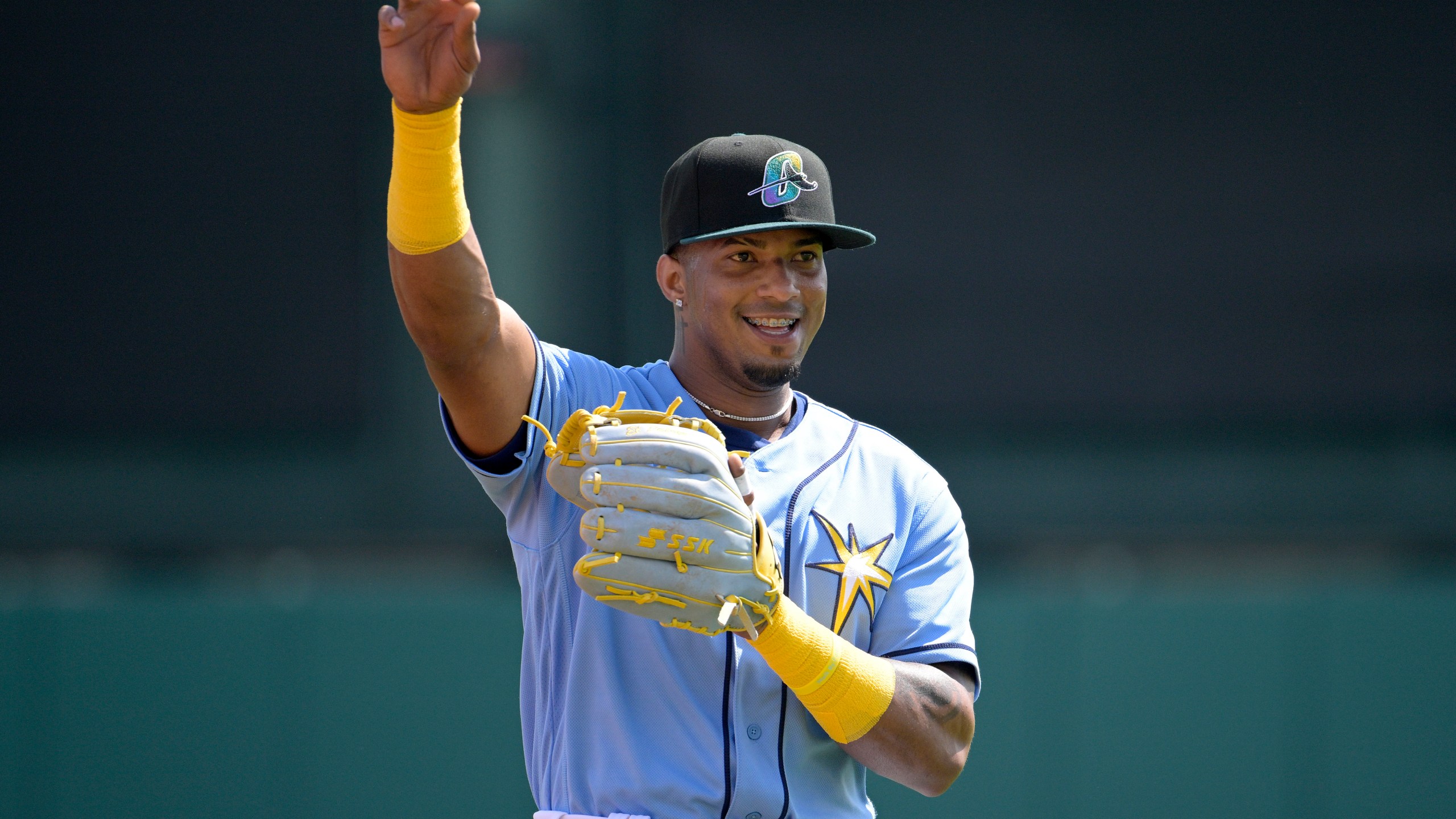 FILE - Tampa Bay Rays' Wander Franco warms up before a spring training baseball game against the New York Yankees, Tuesday, Feb. 28, 2023, in Kissimmee, Fla. Franco gets the 13th-highest bonus at $706,761, in the $50 million pool for pre-arbitration players, according to figures compiled by Major League Baseball and the players’ association. (AP Photo/Phelan M. Ebenhack, File)