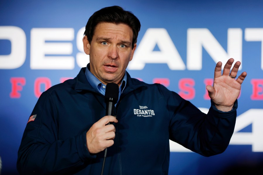 FILE - Republican presidential candidate Florida Gov. Ron DeSantis speaks during a campaign event at Wally's bar, Wednesday, Jan. 17, 2024, in Hampton, N.H. A federal judge on Wednesday dismissed Disney's First Amendment lawsuit against Gov. Ron DeSantis, leaving the company's hope of regaining control of a district that governs Walt Disney World in its fight in another state court challenge. (AP Photo/Michael Dwyer, File)