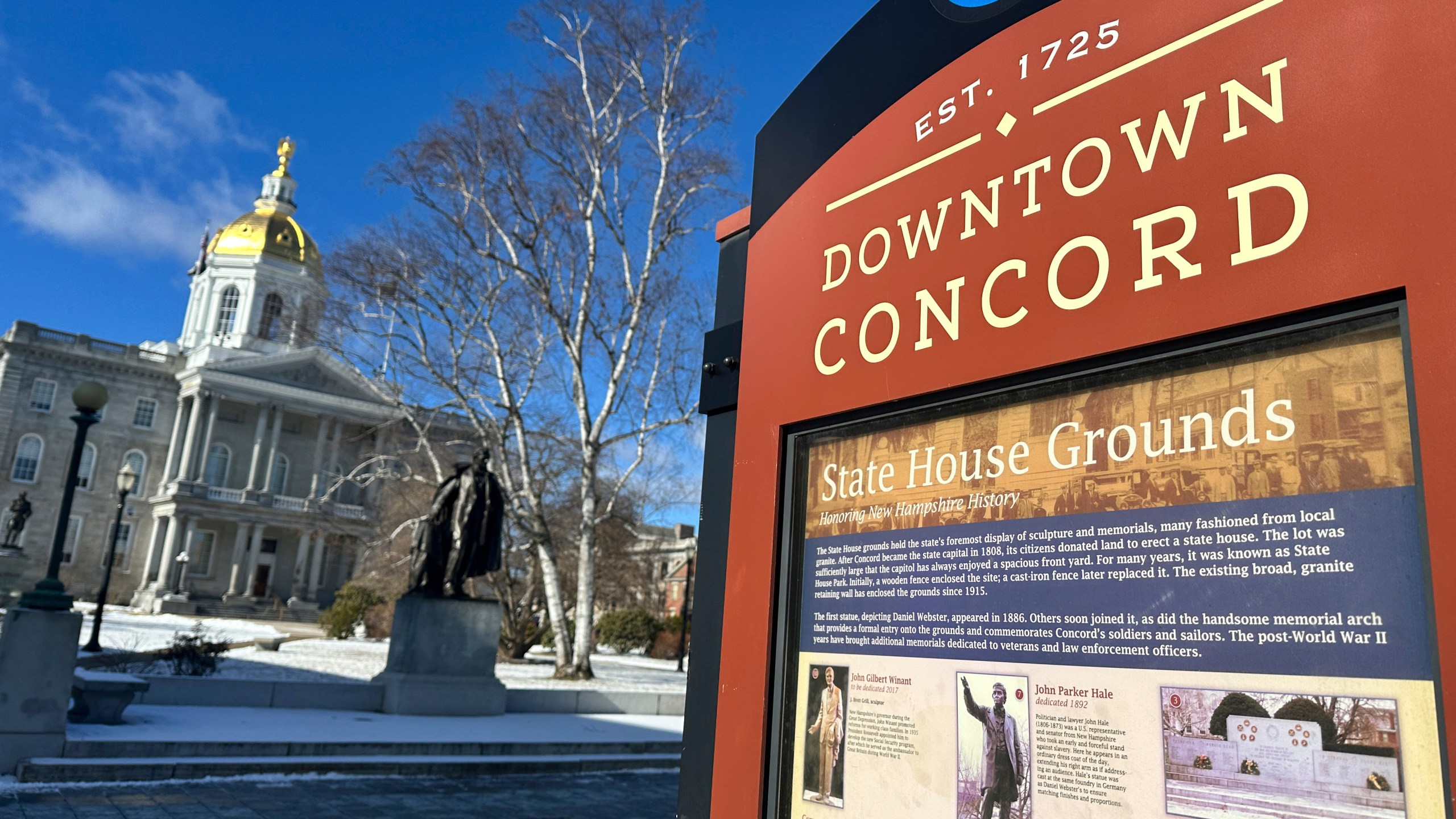 A sign welcomes visitors to downtown Concord, N.H., and the Statehouse on Wednesday, Feb. 14, 2024. Lawmakers are considering a bill to amend state law to include an official pronunciation of the capital city. (AP Photo/Holly Ramer)