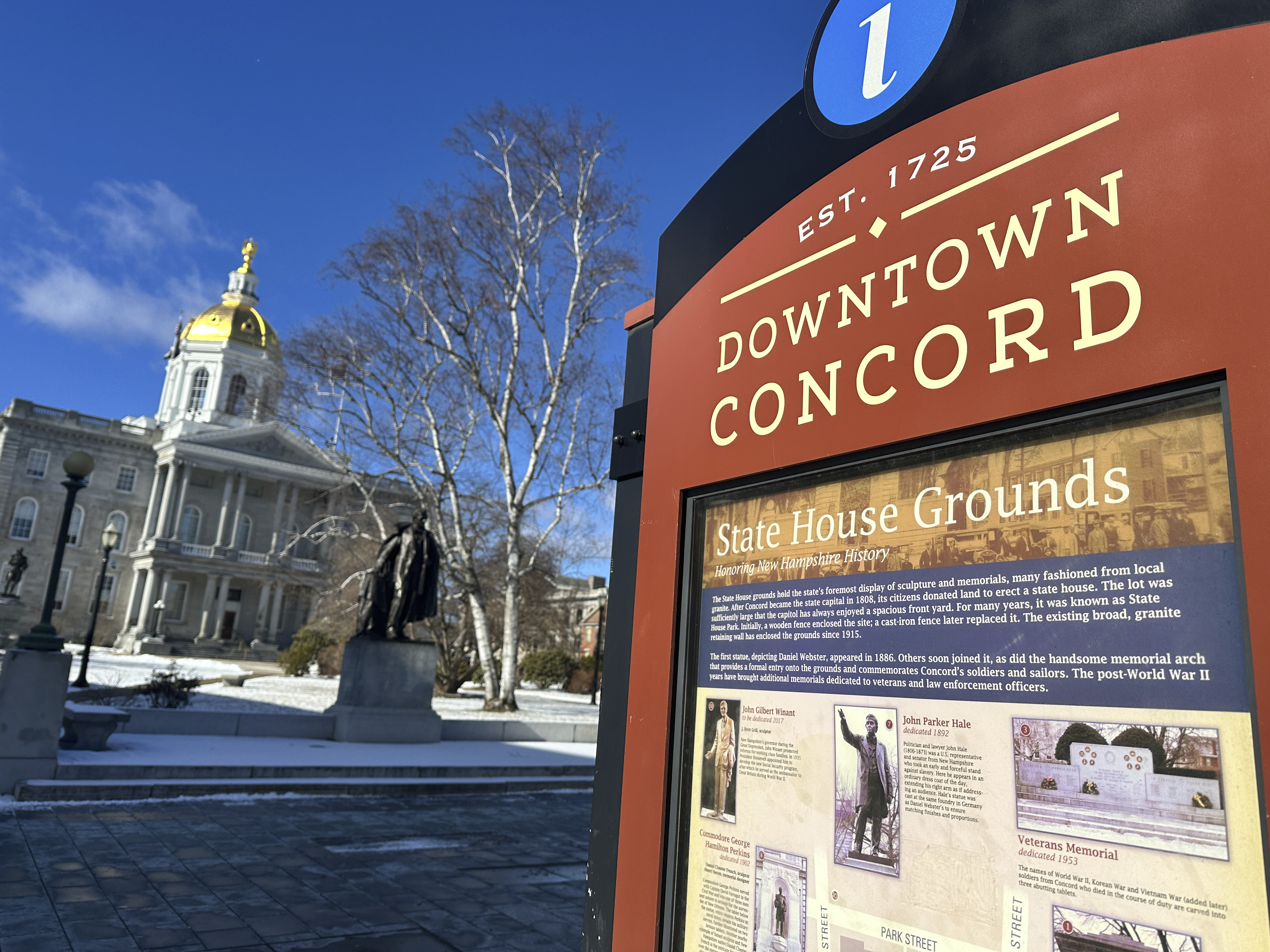 A sign welcomes visitors to downtown Concord, N.H., and the Statehouse on Wednesday, Feb. 14, 2024. Lawmakers are considering a bill to amend state law to include an official pronunciation of the capital city. (AP Photo/Holly Ramer)