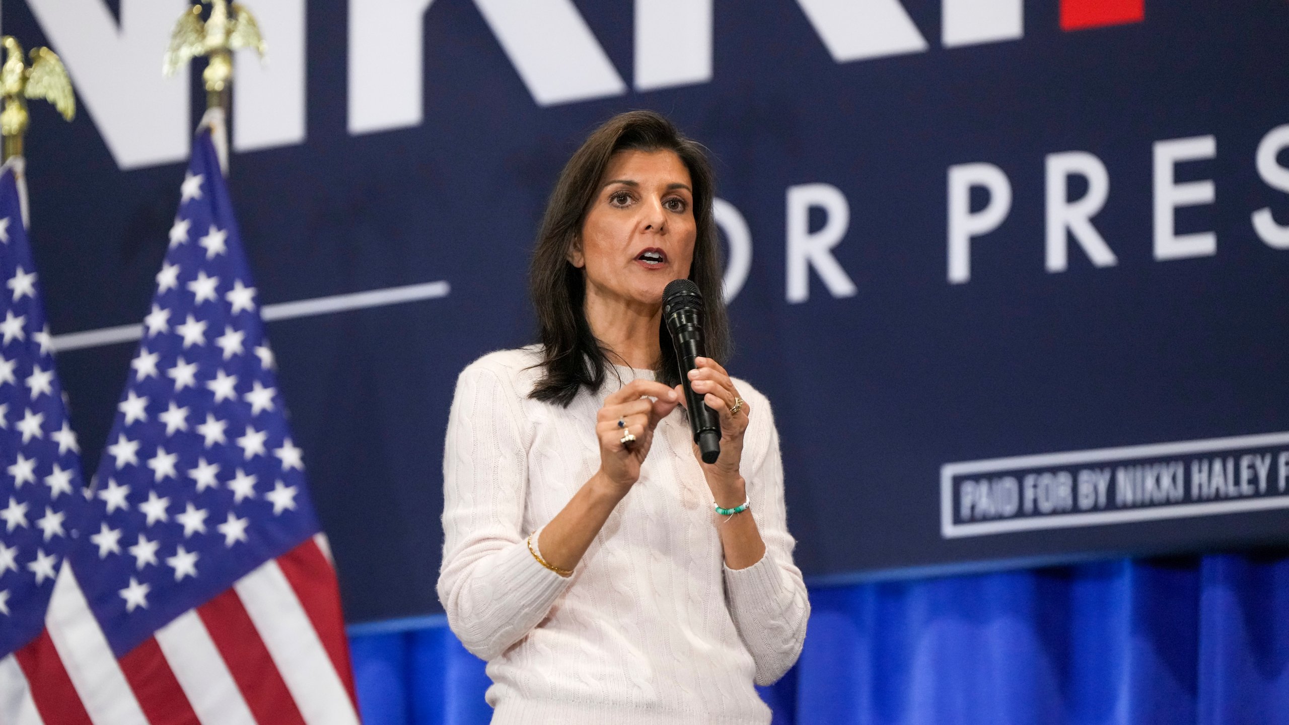 Republican presidential candidate former UN Ambassador Nikki Haley speaks at a campaign event on Monday, Feb. 19, 2024, in Greer, S.C. (AP Photo/David Yeazell)