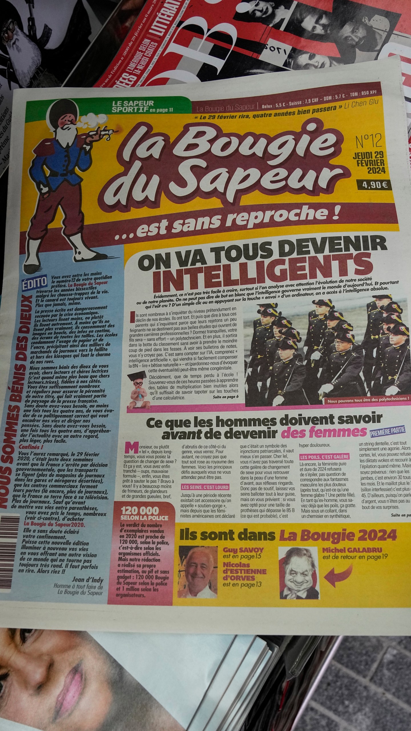 The satirical French newspaper 'La Bougie du Sapeur' is photographed at a newspaper shop in Paris, Thursday, Feb. 29, 2024. Satirical French newspaper La Bougie du Sapeur only comes out on Feb. 29, once every four years. Some friends started the leap year newspaper as a joke in 1980, so the one published Thursday was just its 12th edition. (AP Photo/Michel Euler)