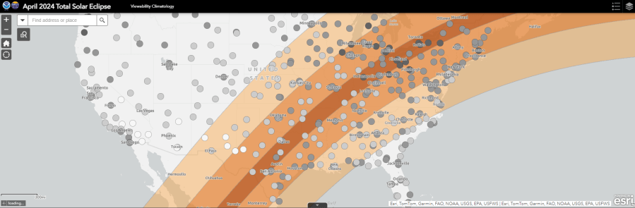 Screenshot of interactive map showing average cloud cover on April 8th in cities along the path of totality