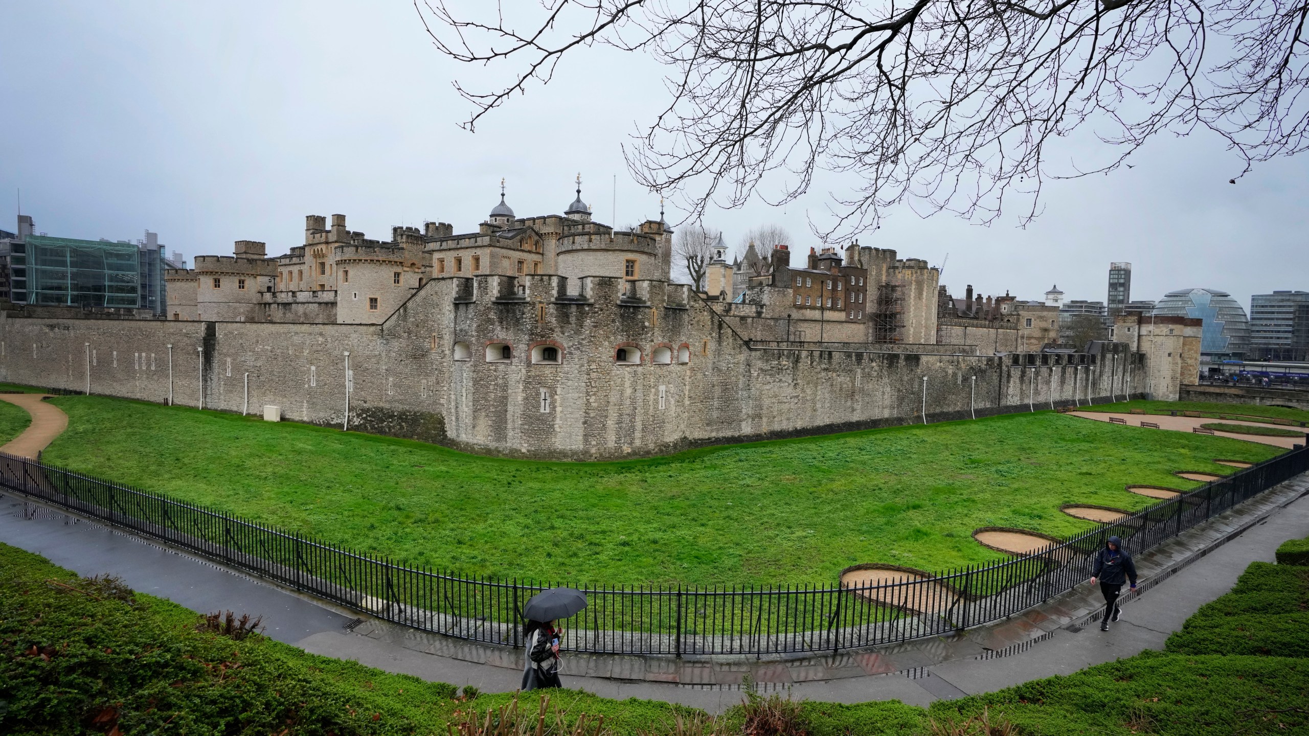 A view of The Tower of London in London, Thursday, Feb. 29, 2024. If legend is to be believed, Barney Chandler has just got the most important job in England. Chandler is the newly appointed ravenmaster at the Tower of London. He's responsible for looking after the feathered protectors of the 1,000-year-old fortress. (AP Photo/Kirsty Wigglesworth)