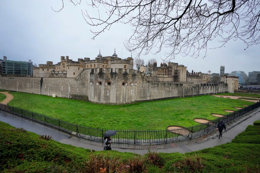 A view of The Tower of London in London, Thursday, Feb. 29, 2024. If legend is to be believed, Barney Chandler has just got the most important job in England. Chandler is the newly appointed ravenmaster at the Tower of London. He's responsible for looking after the feathered protectors of the 1,000-year-old fortress. (AP Photo/Kirsty Wigglesworth)