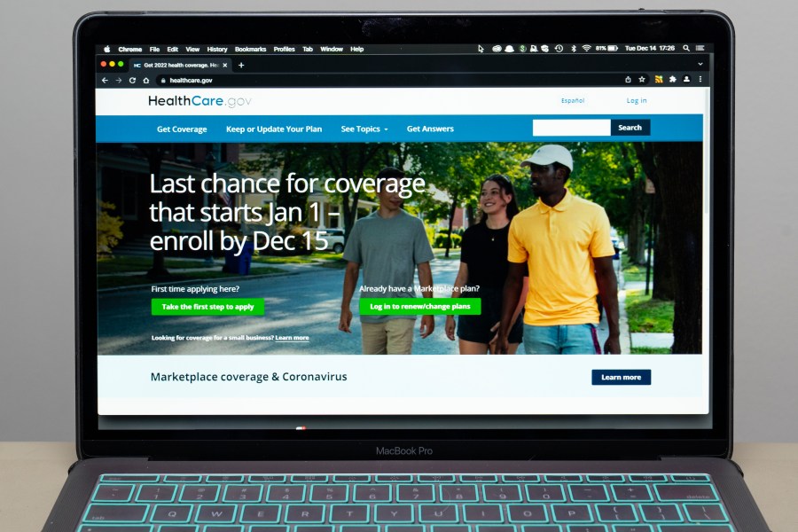 FILE - The healthcare.gov website is seen on Dec. 14, 2021, in Fort Washington, Md. A federal appeals court was scheduled to hear arguments Monday, March 4, 2024 on whether former President Barack Obama's signature health care law requires full insurance coverage of certain types of preventive care, including HIV prevention and some types of cancer screenings. (AP Photo/Alex Brandon, File)