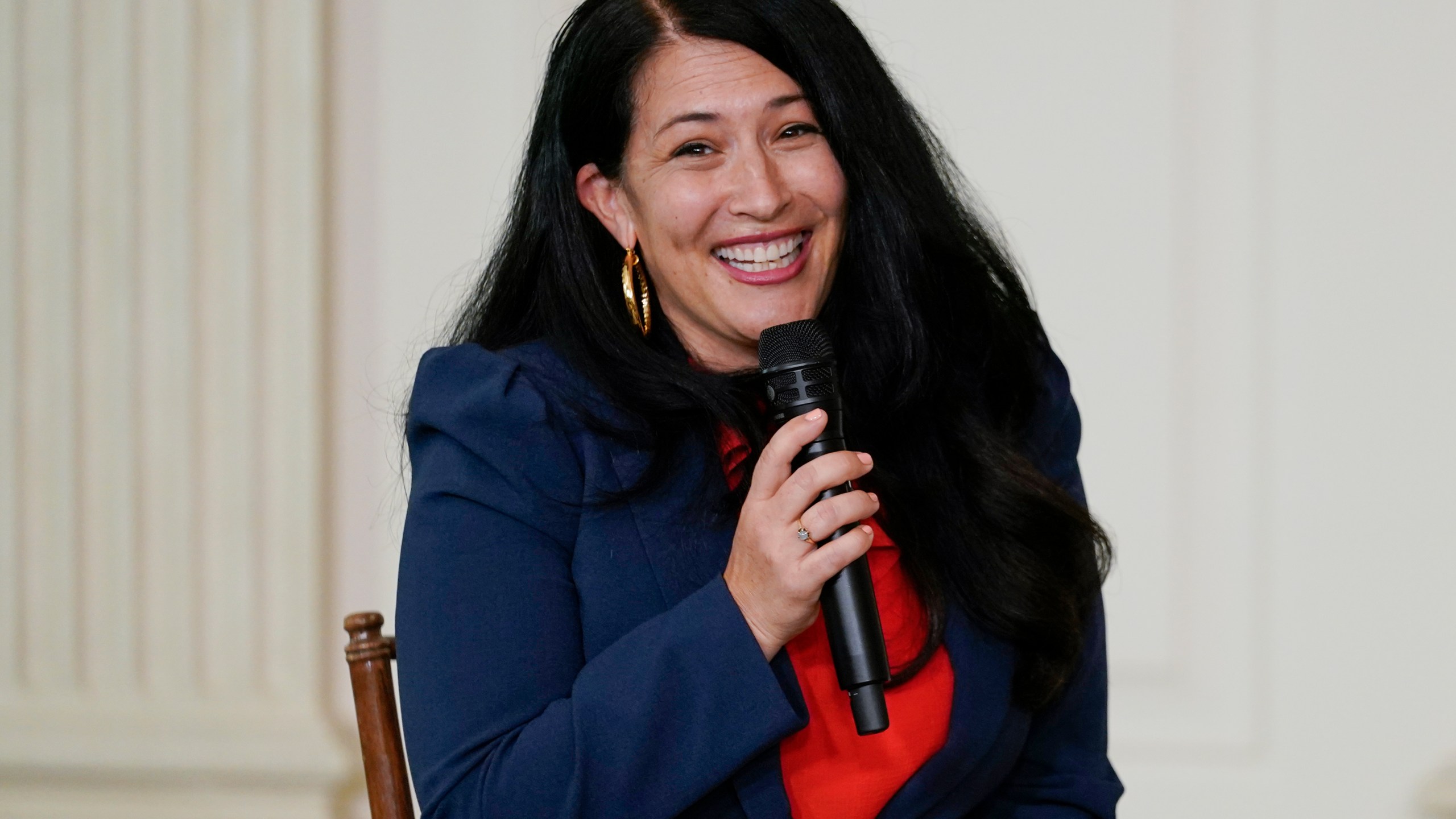 FILE - Ada Limón, 24th Poet Laureate of the United States, speaks during an event for the Class of 2022 National Student Poets at the White House in Washington Tuesday, Sept. 27, 2022. Limón, is launching her intended signature project in April 2024, which is National Poetry Month. The project is called “You Are Here” and includes an anthology of nature poems and visits to seven national parks. (AP Photo/Carolyn Kaster, File)