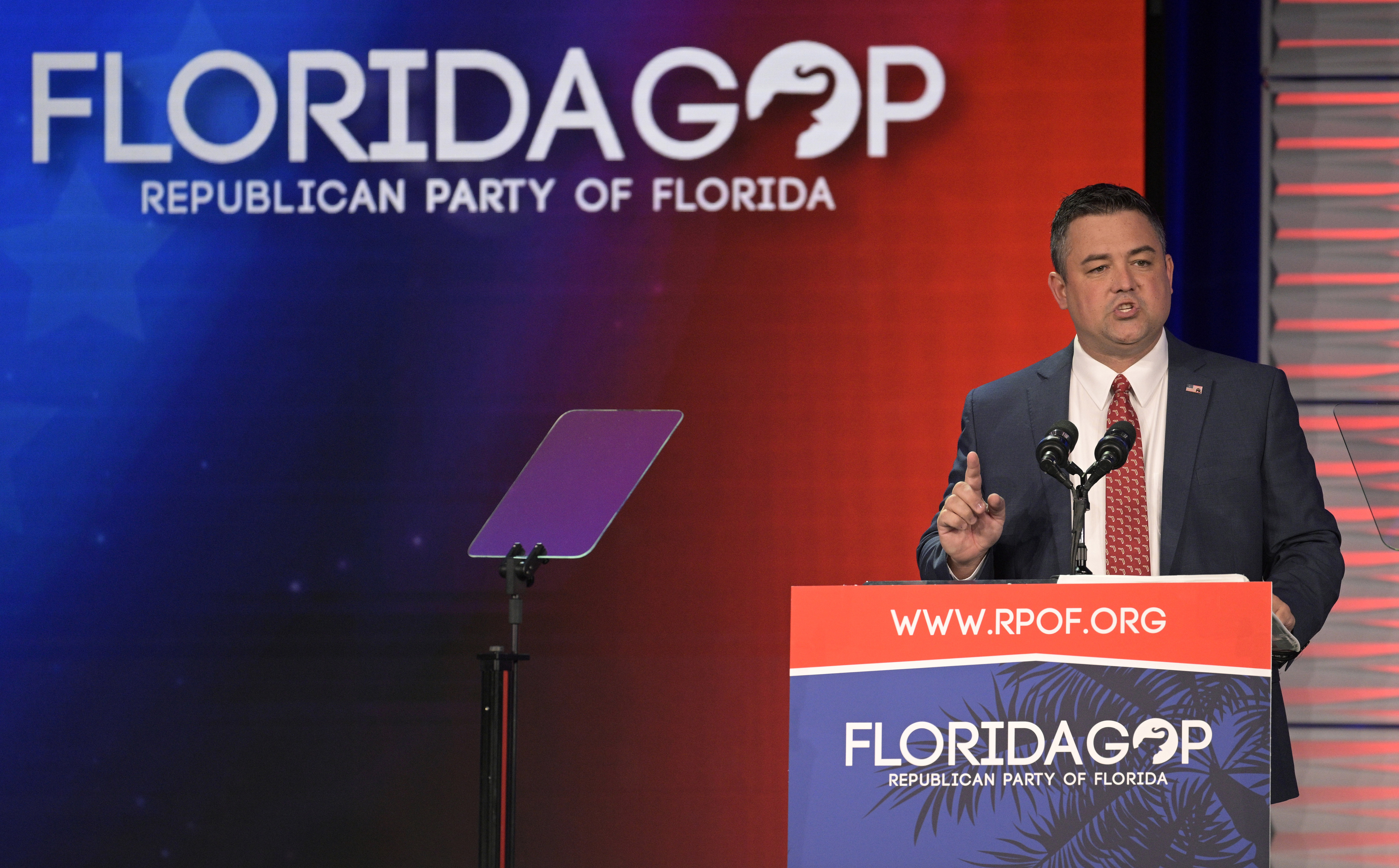 FILE - Florida Party of Florida Chairman Christian Ziegler addresses attendees at the Republican Party of Florida Freedom Summit, Nov. 4, 2023, in Kissimmee, Fla. The ousted former chair of the Republican Party of Florida will not face a video voyeurism charge for recording a sexual encounter with a woman who accused him of rape, for which he was also not charged, prosecutors said Wednesday, March 6, 2024. (AP Photo/Phelan M. Ebenhack, File)