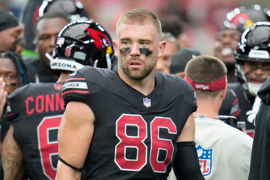 FILE - Arizona Cardinals tight end Zach Ertz pauses on the field prior to an NFL football game against the Cincinnati Bengals Sunday, Oct. 8, 2023, in Glendale, Ariz. he Washington Commanders are signing veteran tight end Ertz, two people with knowledge of the move told The Associated Press on Wednesday, March 6, 2024. (AP Photo/Ross D. Franklin, File)