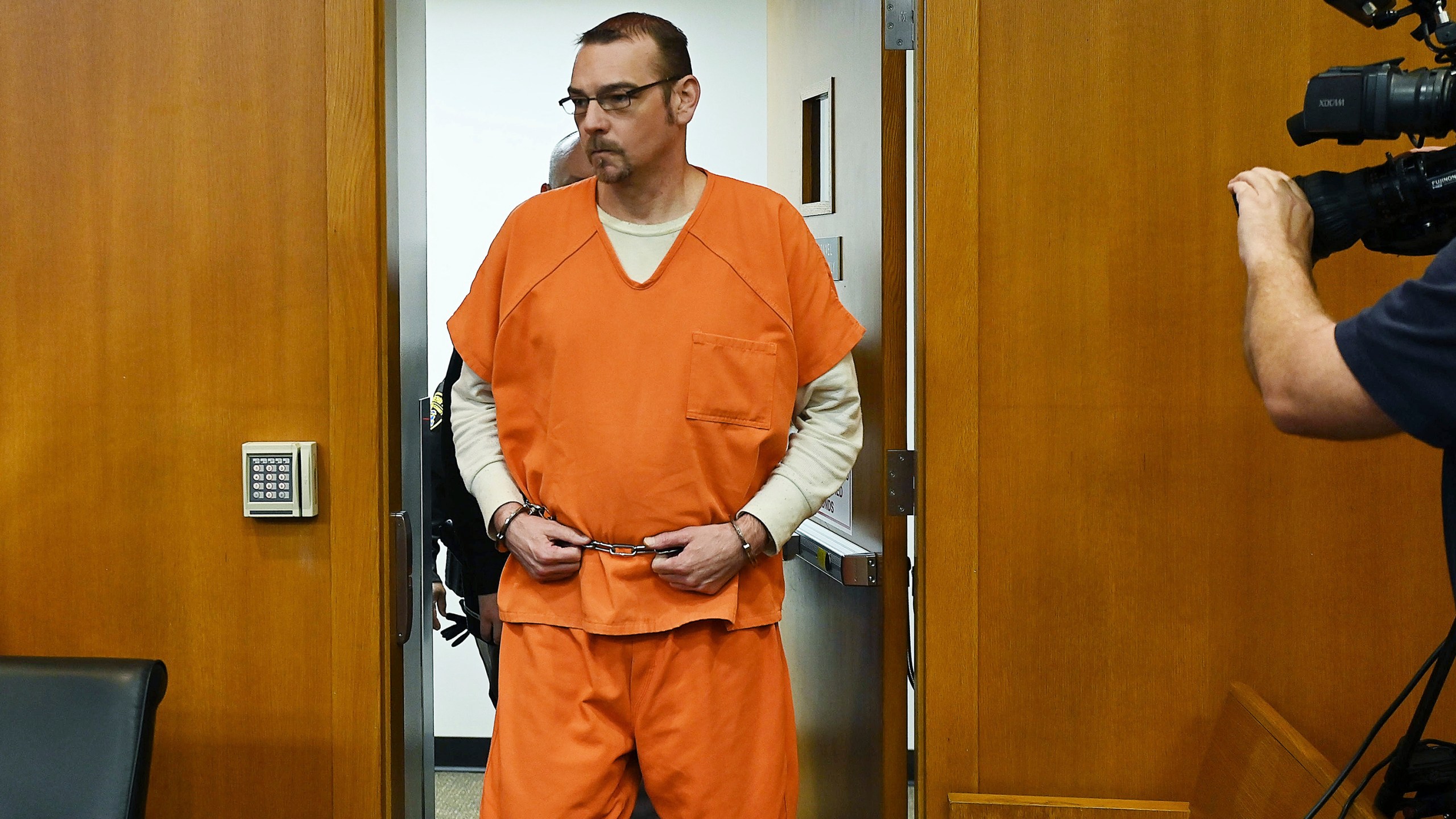 James Crumbley enters the courtroom during his motion hearing at Oakland County Courthouse, Wednesday, Feb. 21, 2024, in Pontiac, Mich. (Clarence Tabb Jr./Detroit News via AP, Pool)